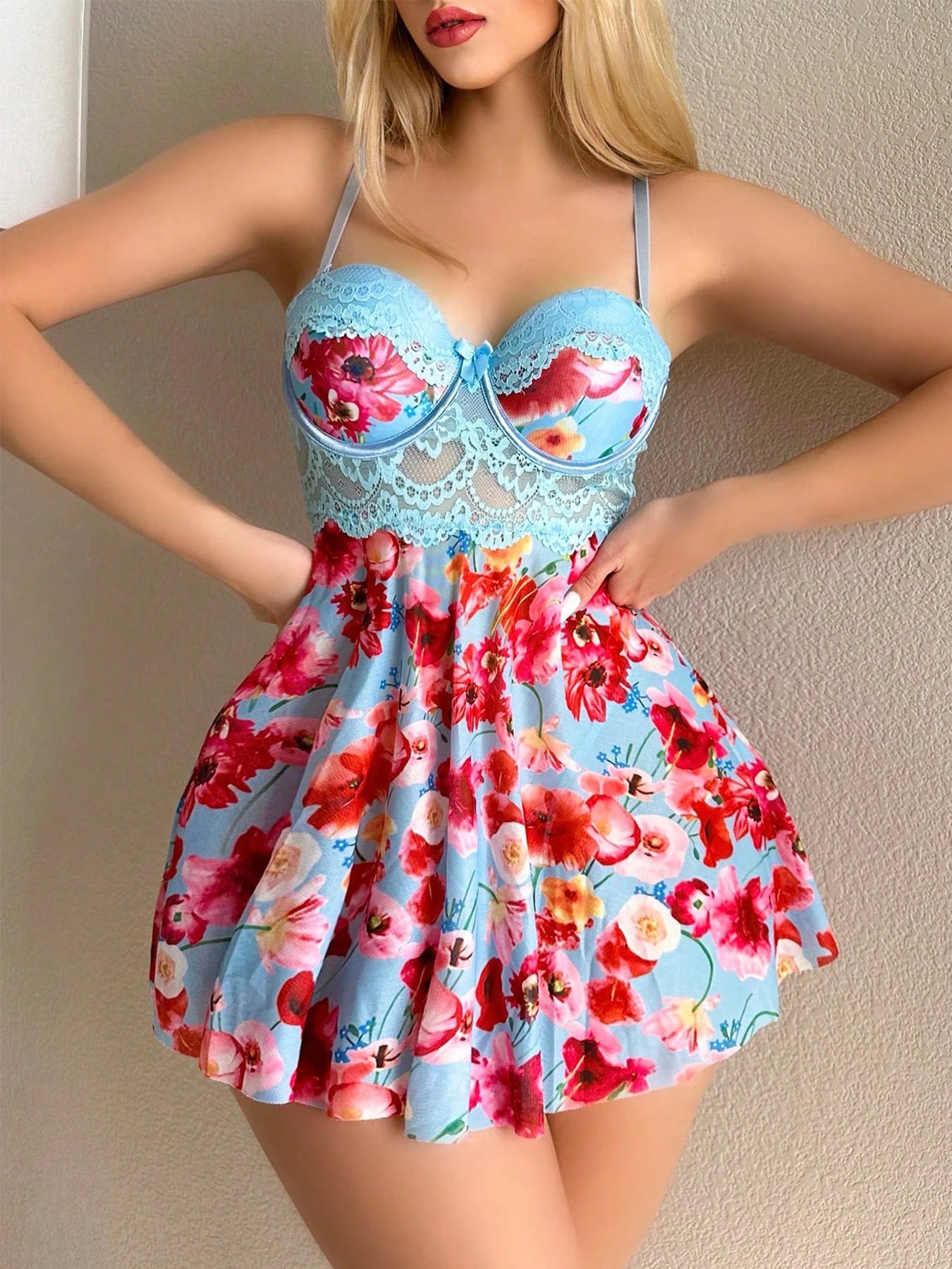 Women's Lace Underwire Floral Babydoll Nightgown Flowy Lingerie Dress and Thong Set - The Genie Store