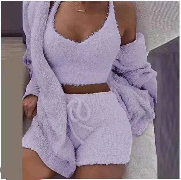 CozyChic 3-Piece Fluffy Lounge Set | Plush, Sexy Backless, Fleece Comfort for Women - The Genie Store