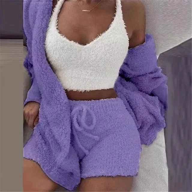 CozyChic 3-Piece Fluffy Lounge Set | Plush, Sexy Backless, Fleece Comfort for Women - The Genie Store