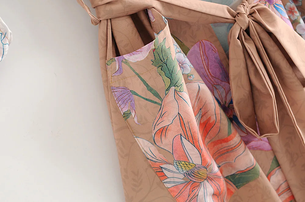 Happie Queens Vintage Peacock Floral Print  Women Bohemian V Neck Batwing Sleeves Ladies Boho Kimono Robe Cover-ups - The Genie Store