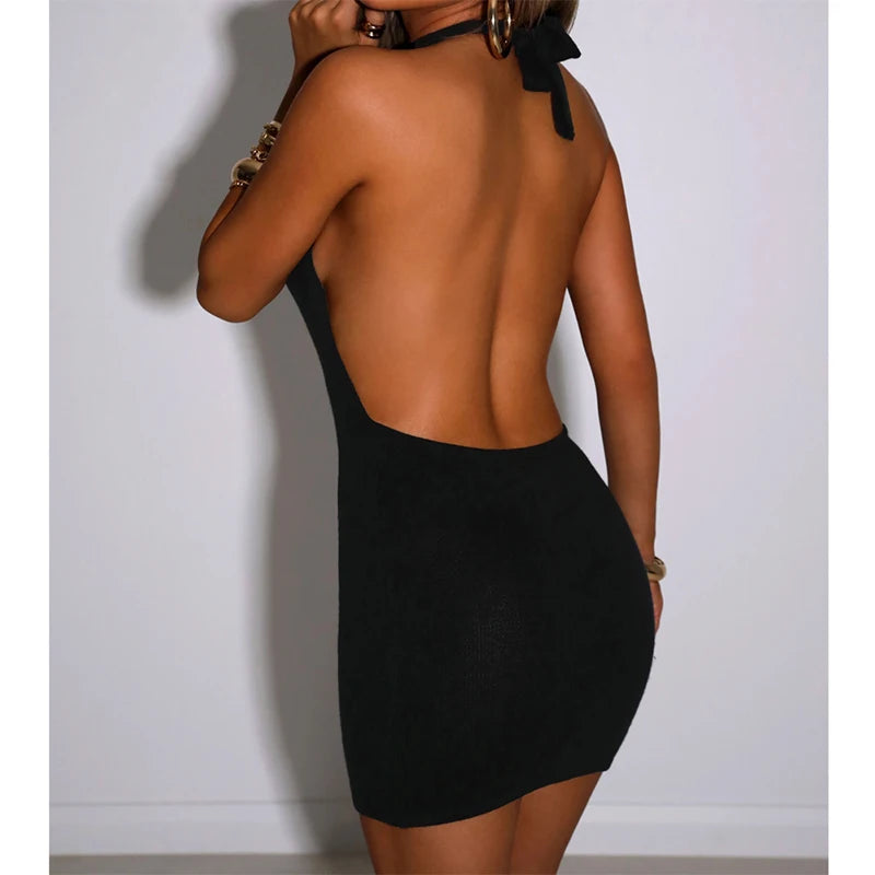 Black Bodycon Dress Women Halter Sexy Skinny Hollow Out Backless Mini Dresses Hot Summer Sleeveless Beach Party Cut Out Dress - The Genie Store