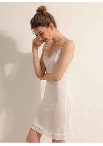 Summer High Quality 100% Natural Mulberry Silk Nightgowns Women Sexy Sleep Nightdress Lingerie Ladies Nightshirt Bottoming Slips - The Genie Store