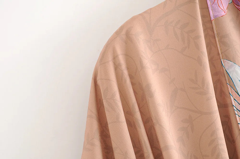 Happie Queens Vintage Peacock Floral Print  Women Bohemian V Neck Batwing Sleeves Ladies Boho Kimono Robe Cover-ups - The Genie Store