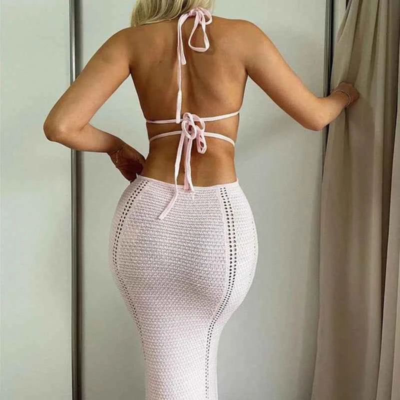 Sexy Style Hollow Out Backless Tie Up Dress Women Beach Vacation Beachwear Cover Up Knitting Sun Bathing Sunscreen Long Dress