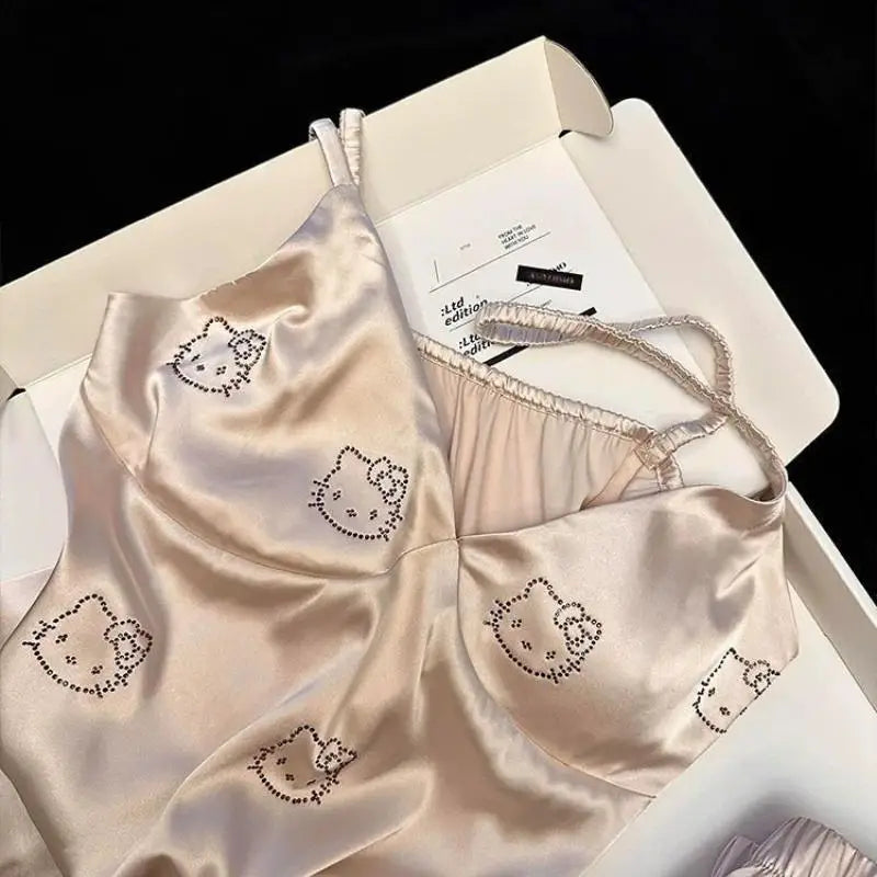 Sanrio Ice Silk Pajamas Hello Kittys Summer Cute Suspenders Shorts Suit Sweet Casual Breathable Cartoon Comfortable Loose Gifts - The Genie Store