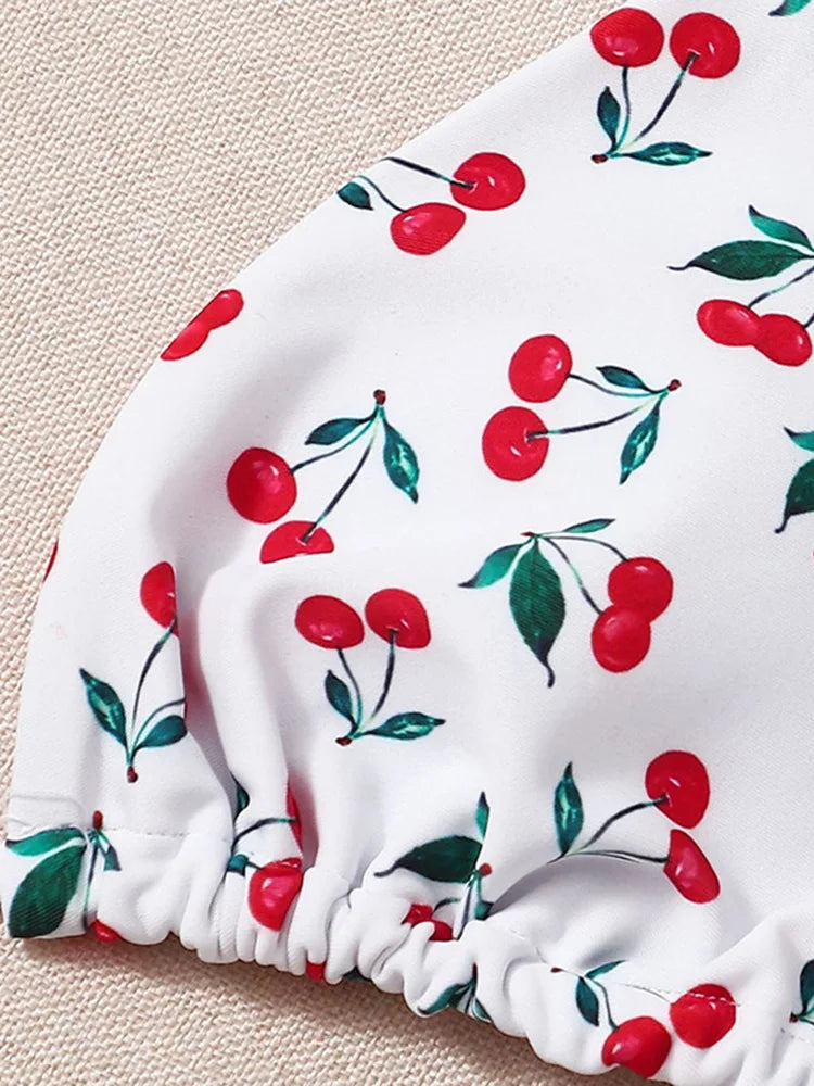 With Mesh Sarong Skirt Cherry Printed Bikini Female Swimsuit Women Swimwear Three Pieces Bikini Set Bathing Suit Swim Beachwear - The Genie Store