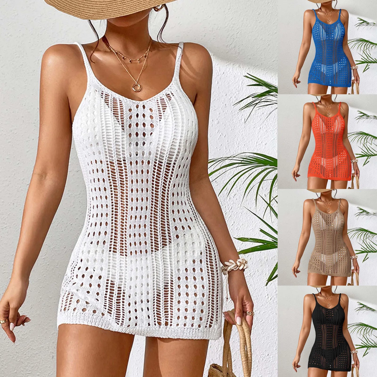 Women'S Sexy Sheer Knit Textured Crochet Overlay Spaghetti Strap Short Dress Beach Cover Women S Swim Cover Ups Halter Cover Up - The Genie Store