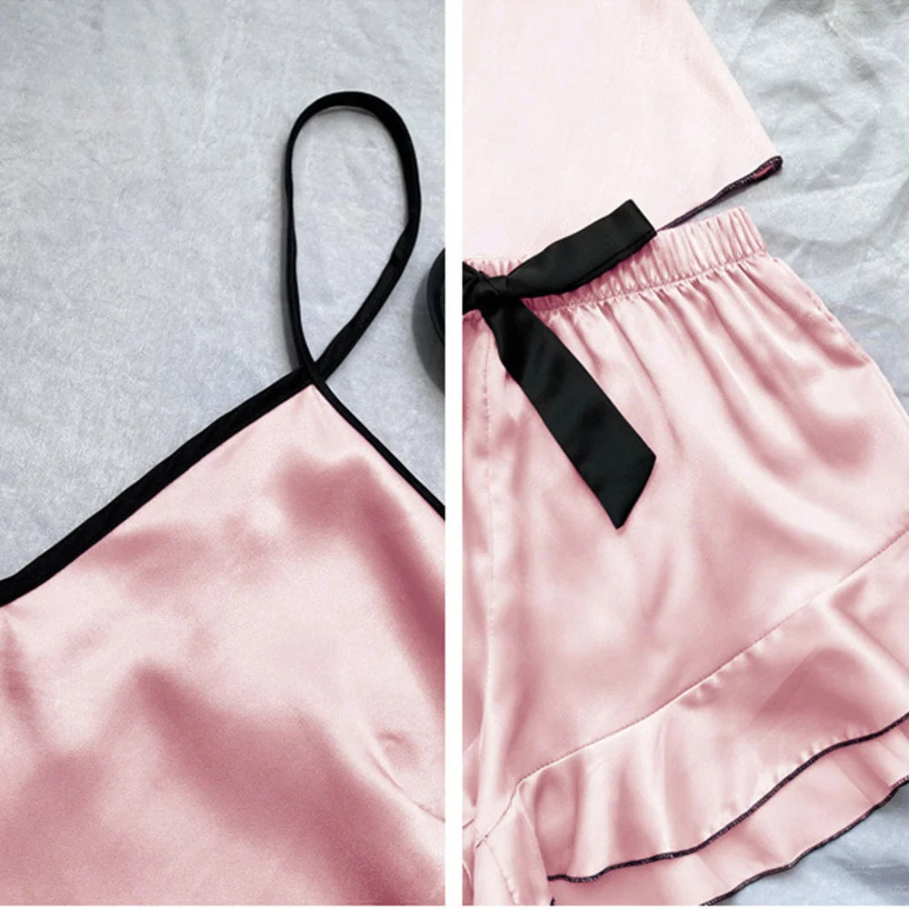 Women's Smooth Satin Pajamas V-Neck T-Shirt Ruffled Edges And Bow Shorts Simple And Breathable Pajama Set Sling Home Clothing - The Genie Store