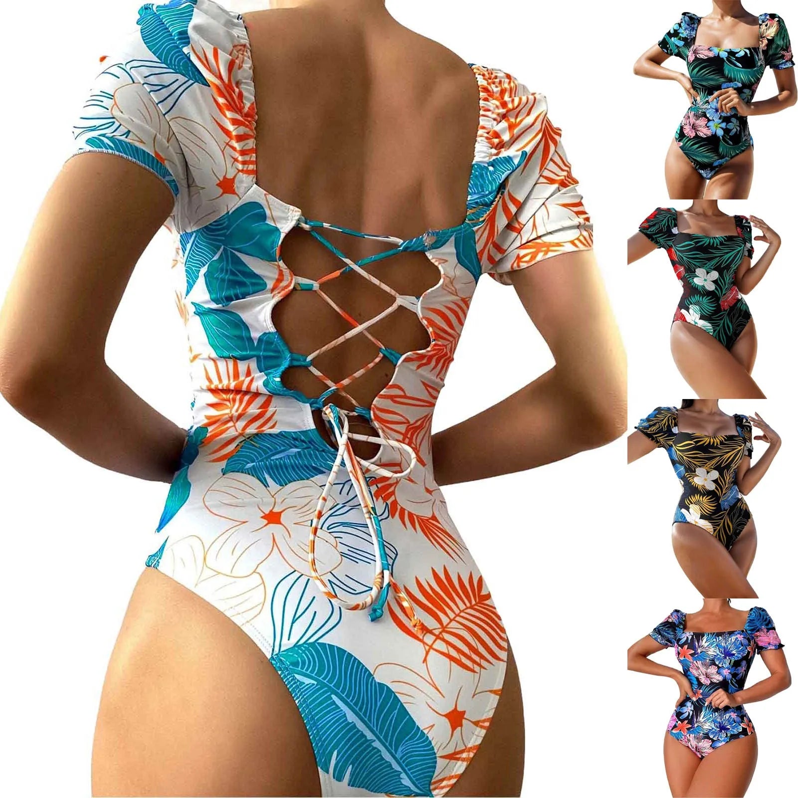 Women Swimsuit Fashion Swimsuit Printed Flower Triangle Bikini Strap Sexy Swimsuit Hawaiian Sea Sexy One-Piece Swimsuit Biquini - The Genie Store