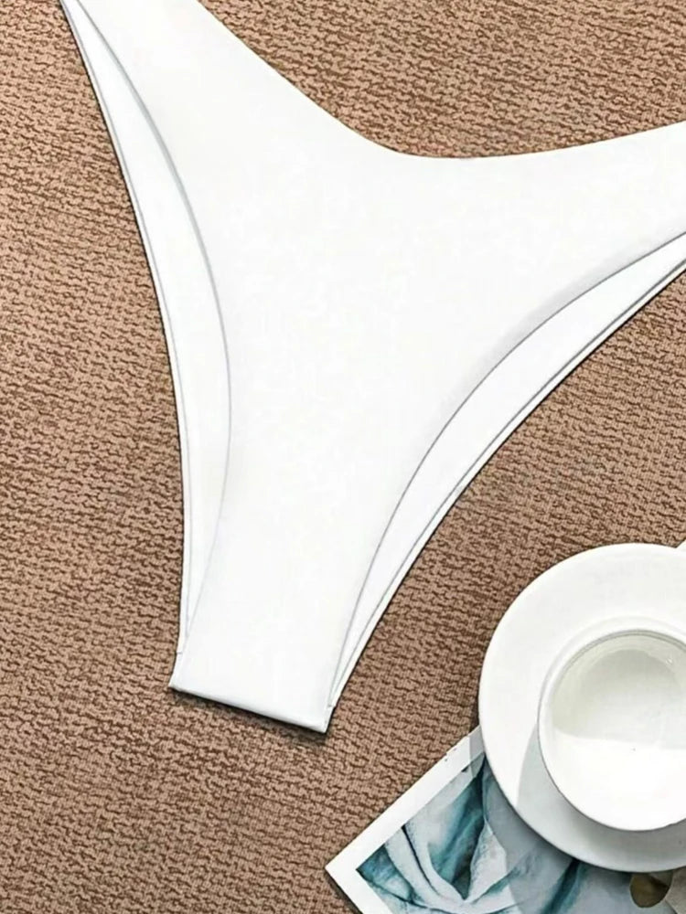 2025 Women White Bikini Chest Padded New Sexy Halter Bikini Two-Piece Set With Drawstring Straps Solid Brazilian Bathing Suit - The Genie Store