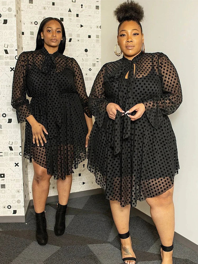 Lace Dress Women Sexy Plus Size Clothing Long Sleeve Mesh Dress with Lingerie Strap Black Midi Dress Wholesale Dropshipping - The Genie Store