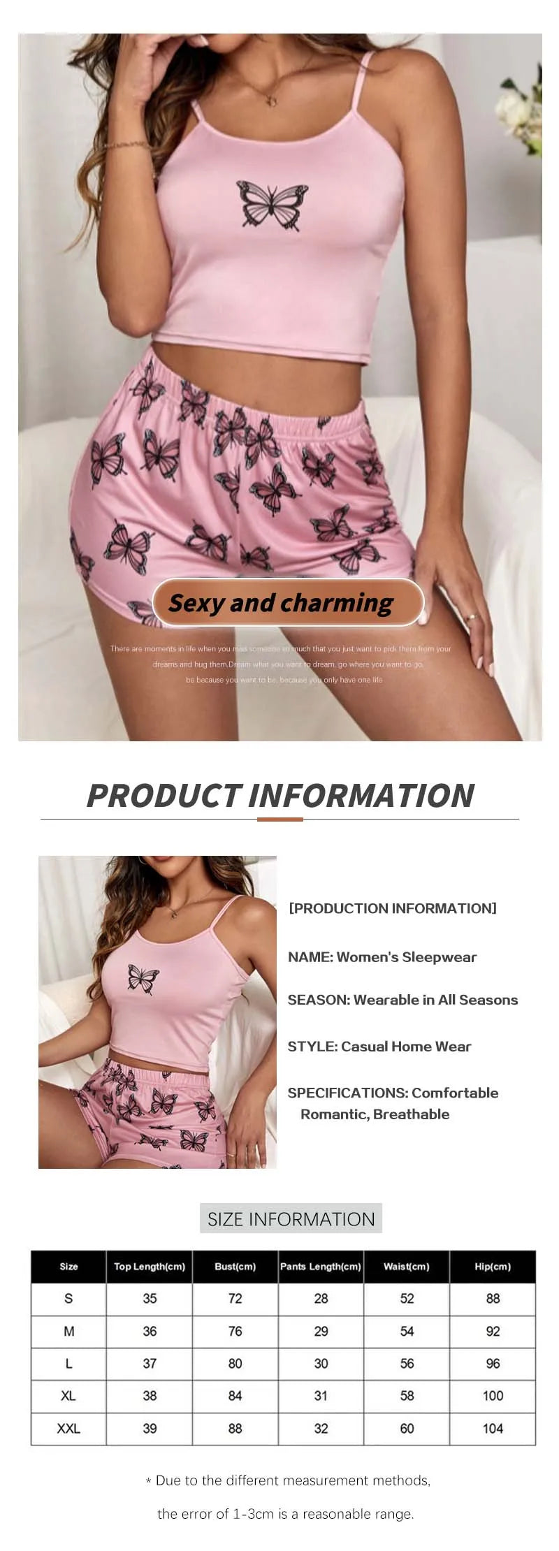 Two Pieces Summer Sexy Pajamas Butterfly Print Cami Pajamas Set Fashion Sexy Home Ladies Underwear Vest Shorts Pijamas - The Genie Store