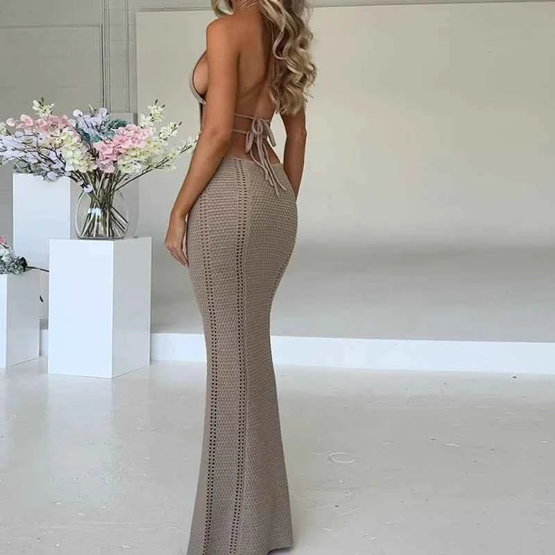 Sexy Style Hollow Out Backless Tie Up Dress Women Beach Vacation Beachwear Cover Up Knitting Sun Bathing Sunscreen Long Dress