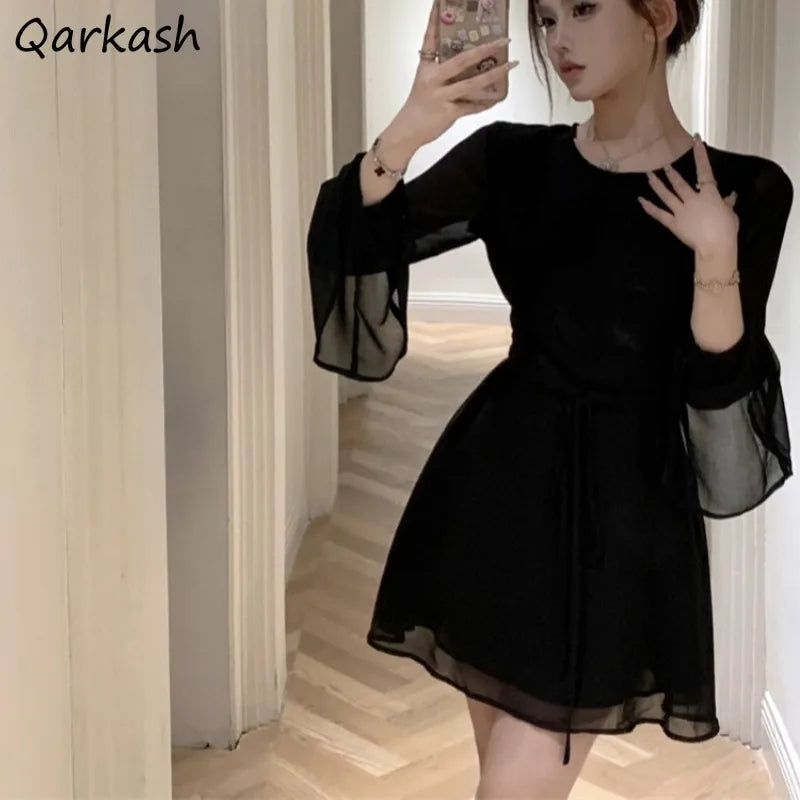 Solid Dresses Women Mini Retro Summer Spicy Ladies Backless Lace-up Sexy Designed Long Sleeve Korean Style Elegant Vintage Ins - The Genie Store