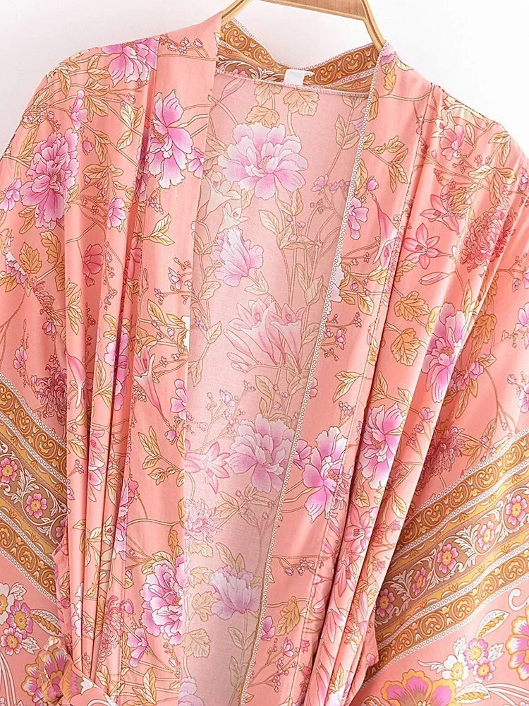 Vintage Chic Women Pink Floral Print Sashes Bohemian Kimono Ladies V Neck Batwing Sleeves Rayon Boho Robe Bikini Cover-ups - The Genie Store