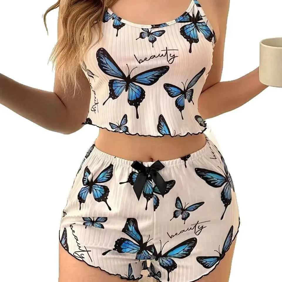 Women's Summer Ice Silk Pajamas Set Butterfly Print Spaghetti Strap Loungewear Set