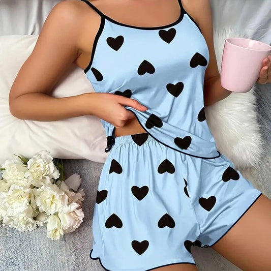 Women's Pajama Set Pajamas T-Shirts Shorts Pink Heart-Shaped Print Round Neck T-Shirt Ice Silk Top Comfortable Casual Summer ï»ż - The Genie Store