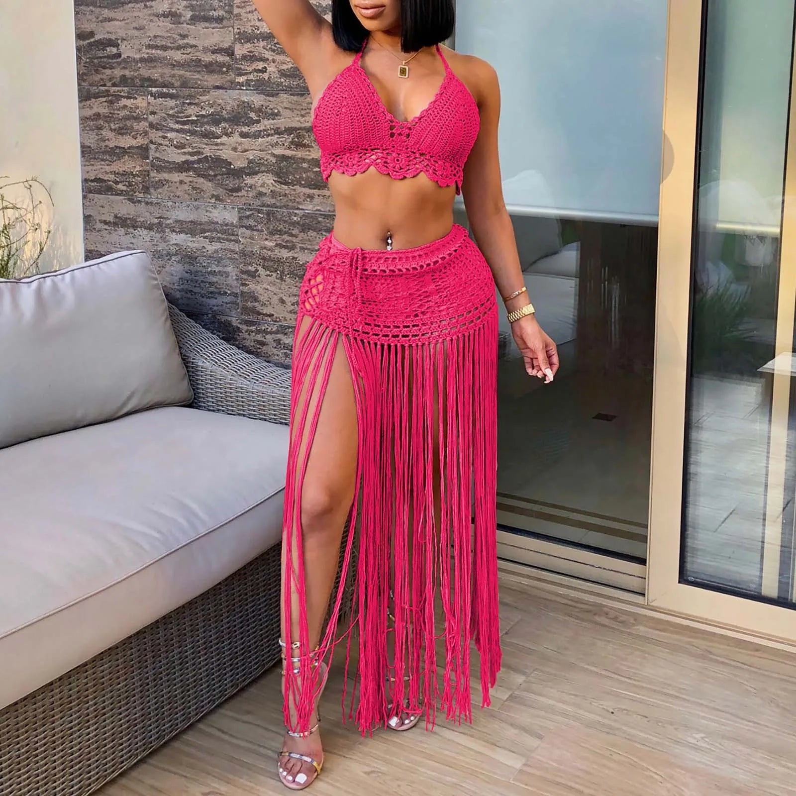 Women'S Two Piece Swimsuit Beach Cover Up Fashion Solid Colour Knitted High Waist Tassel Long Skirt Swimsuit Cover Up Bikini - The Genie Store