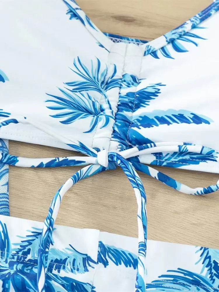 Women's Fashion Draw Rope Swimsuit Print High Waist Long Sleeve Smock Split Three Piece Bikini Set Swimwear - The Genie Store