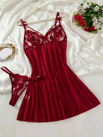 Ladies' wine red countryside style wheat ear embroidery semi transparent nightgown, elegant and comfortable, bow design