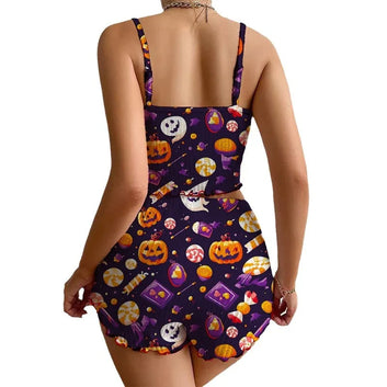 Halloween Pumpkin Print Pajama Set Womens Cute Ribbed Cami Crop Top and Shorts Two Piece Sleepwear Lettuce Hem Y2K Loungewear - The Genie Store