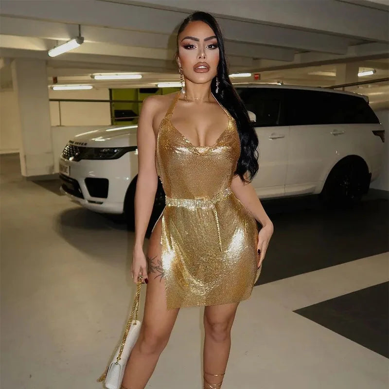 Sexy and Fashionable Women's Elegant Short Dress with Hanging Neck Backless Bottom Chest Sequin Party Girl Dance Dress - The Genie Store