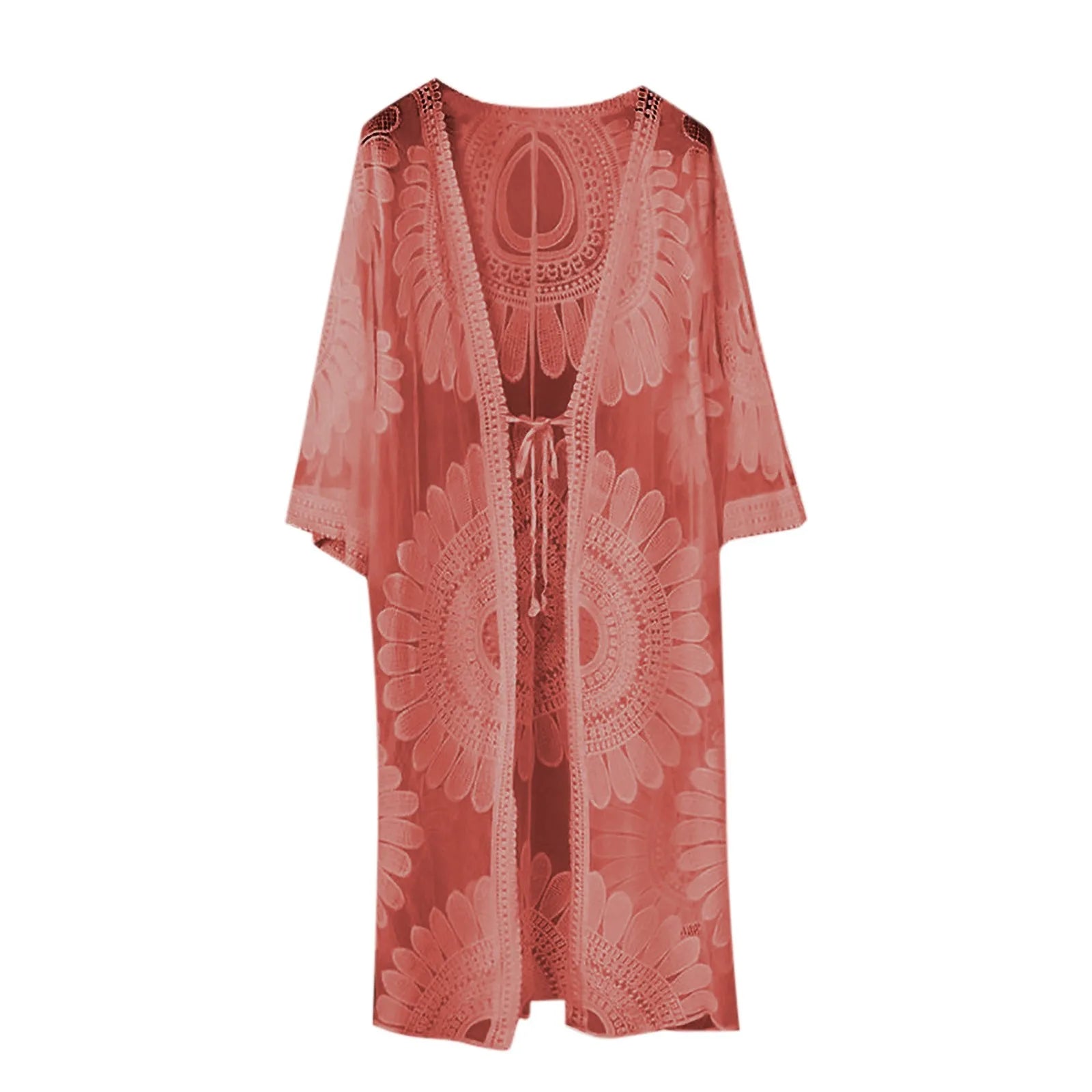 Lace Embroidered Kimono For Women Swimwear Beach Cover Up Blouse Summer Holiday Cardigan Solid Short Sleeve Long Swimsuit - The Genie Store