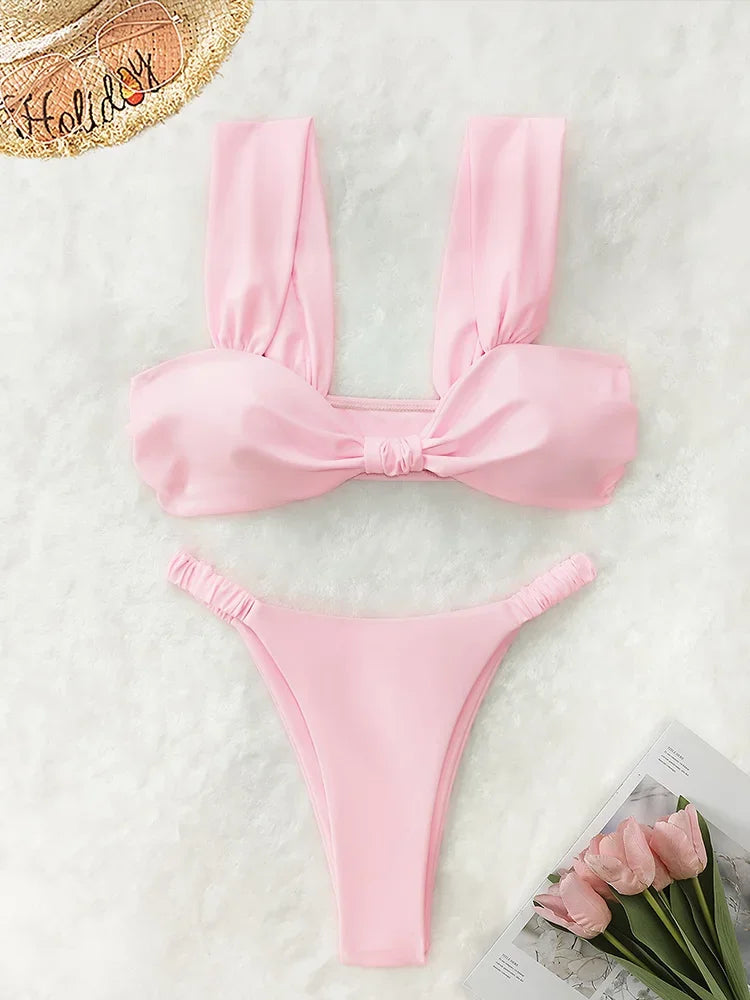 AOTVOTEE Sexy Pink Backless Bikinis 2 Piece Set Women Solid Split Swimsuit Beach Bikinis 2025 New Summer Swimwear Bikinis Set - The Genie Store