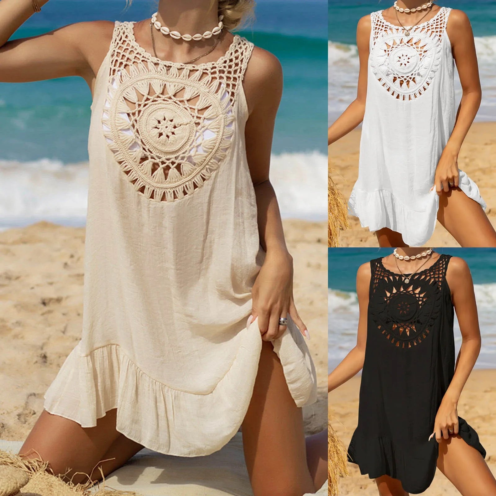 Linen Swim Cover up for Women Women's Swimsuit Smock 2024 Summer Crochet Hollow Knit Swimsuit Beach Dress Swim Dress Women - The Genie Store