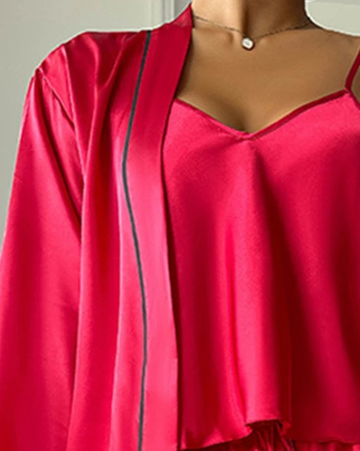 Women Home Three Piece Set 2025 V-Neck Spaghetti StrapTops Ruffle Hem Drawstring Short Cami Set with Tied Detail Open Front Robe - The Genie Store