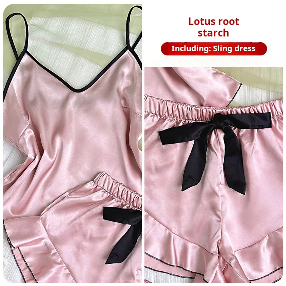 Women's Smooth Satin Pajamas V-Neck T-Shirt Ruffled Edges And Bow Shorts Simple And Breathable Pajama Set Sling Home Clothing - The Genie Store