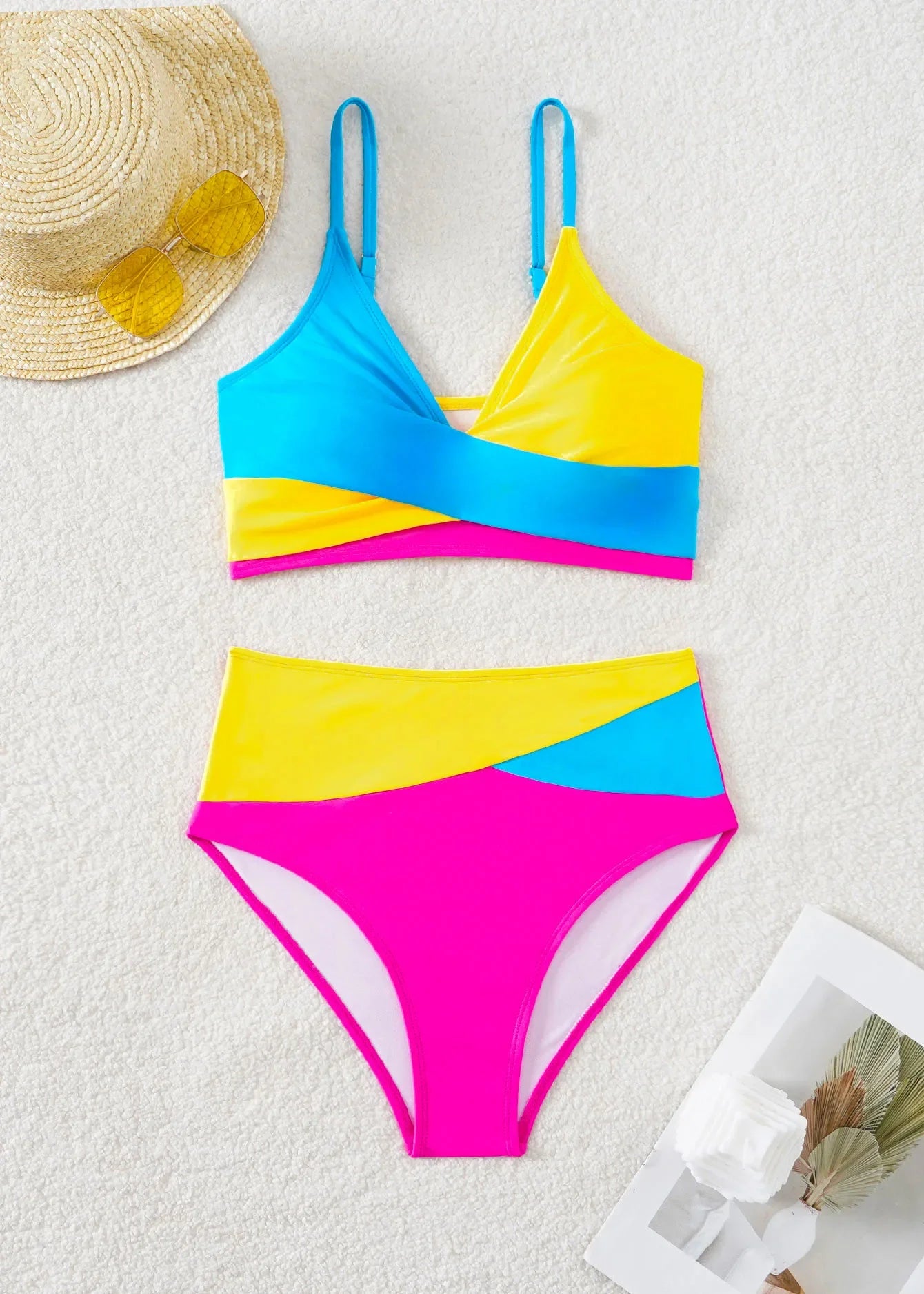 Women's Rose Red Patchwork High-Waist V-Neck Bikini Set - The Genie Store