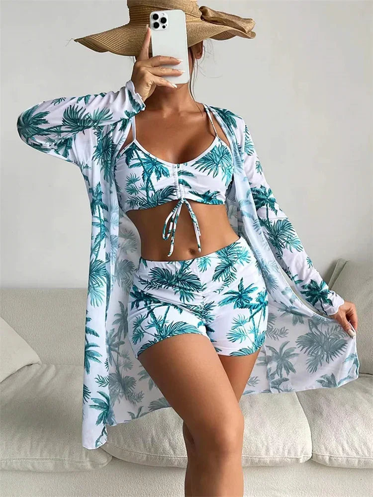 Women's Fashion Draw Rope Swimsuit Print High Waist Long Sleeve Smock Split Three Piece Bikini Set Swimwear - The Genie Store