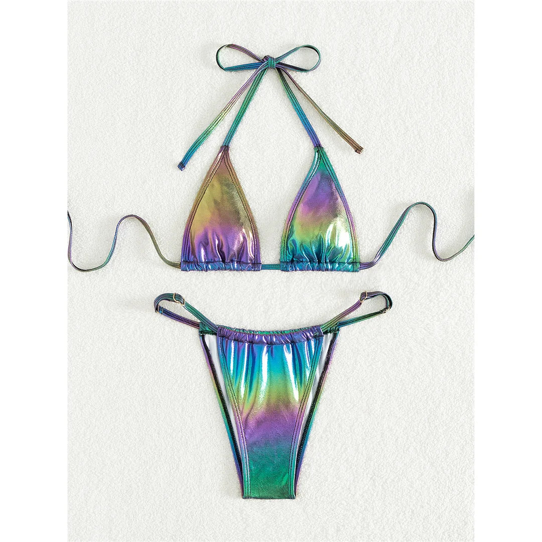 XS - L PU Faux Leather Halter High Leg Cut Bikini Female Swimsuit Women Swimwear Two-pieces Bikini set Bather Bathing Suit V5308 - The Genie Store