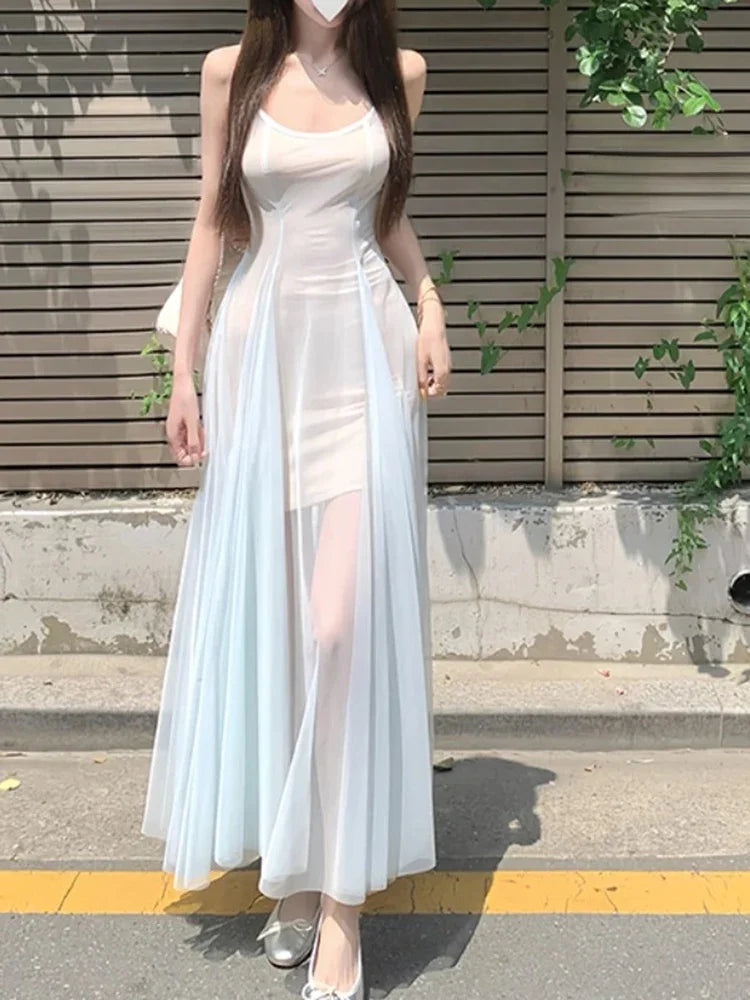 Korean Style Sweet Women's Mesh Backless Suspender Dress Summer New Fashion Y2K Party Women Waist Up Vacation Style Midi Dress - The Genie Store