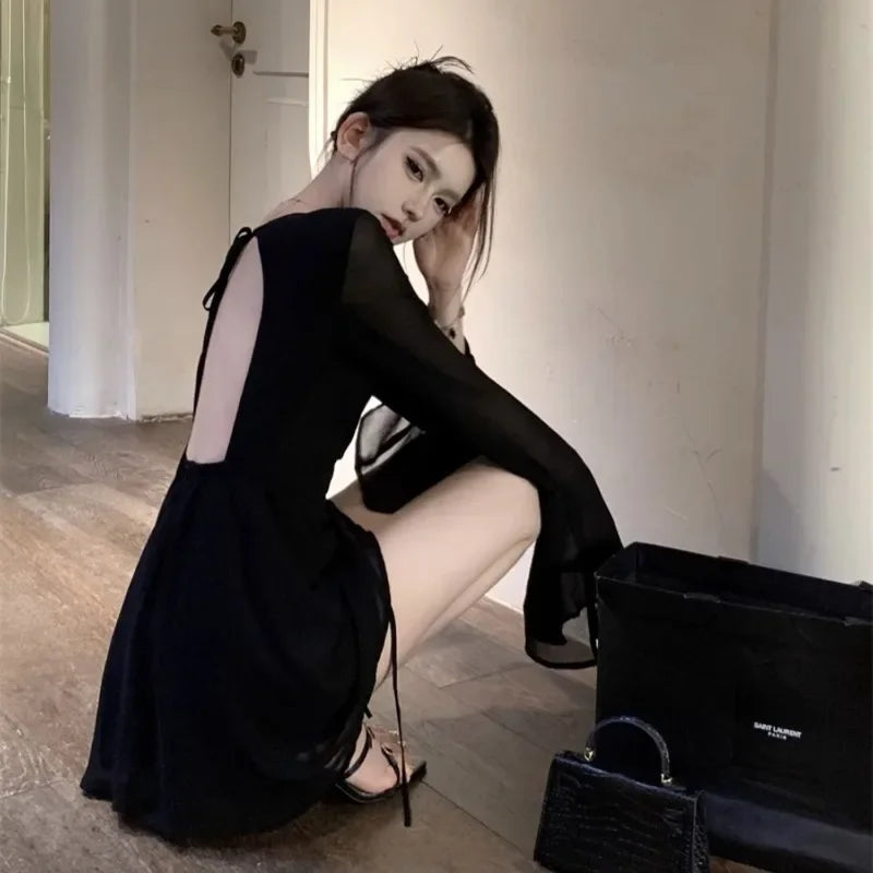 Solid Dresses Women Mini Retro Summer Spicy Ladies Backless Lace-up Sexy Designed Long Sleeve Korean Style Elegant Vintage Ins - The Genie Store