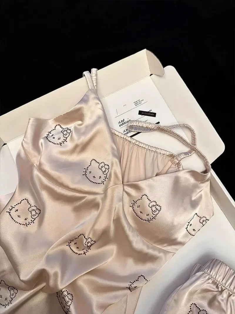 Sanrio Ice Silk Pajamas Hello Kittys Summer Cute Suspenders Shorts Suit Sweet Casual Breathable Cartoon Comfortable Loose Gifts - The Genie Store