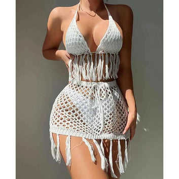Two-piece Crochet Teens Women Sexy Bikini Cover Up Set Binding Rope Tassel Swimsuit Summer Holiday Knitting Beach Wear