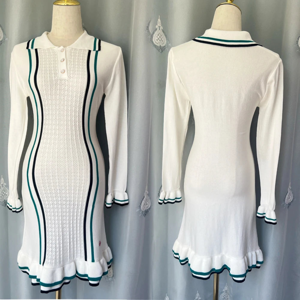 YuooMuoo Chic Fashion Sexy Package Hips Knitted Mini Dress 2025 Autumn Vintage Turn-down Collar Ruffled Party Dress Streetrwear - The Genie Store