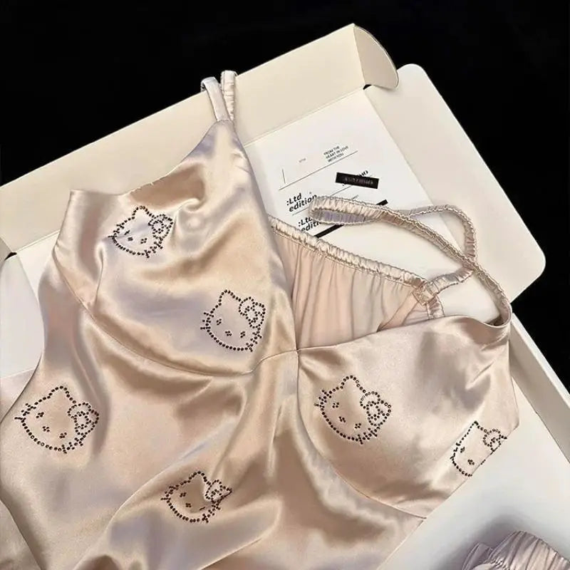 Sanrio Ice Silk Pajamas Hello Kittys Summer Cute Suspenders Shorts Suit Sweet Casual Breathable Cartoon Comfortable Loose Gifts - The Genie Store