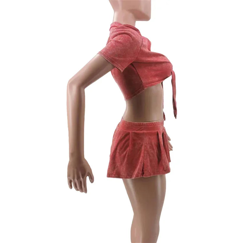 Streetwear Party Club Co Ord Sets for Women 2 Piece Set Outfit Summer Lace-up Crop Top and Mini Skirt Sets Conjuntos Para Vestir - The Genie Store