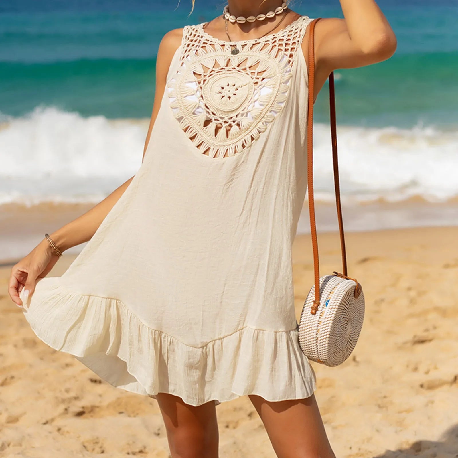 Linen Swim Cover up for Women Women's Swimsuit Smock 2024 Summer Crochet Hollow Knit Swimsuit Beach Dress Swim Dress Women - The Genie Store