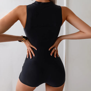 Ladies Sexy Stretchy 1 Piece Swimsuit Conservative Solid Zipper Sleeveless Uniform Boxer Shorts Swimwear trajes de baño mujer - The Genie Store