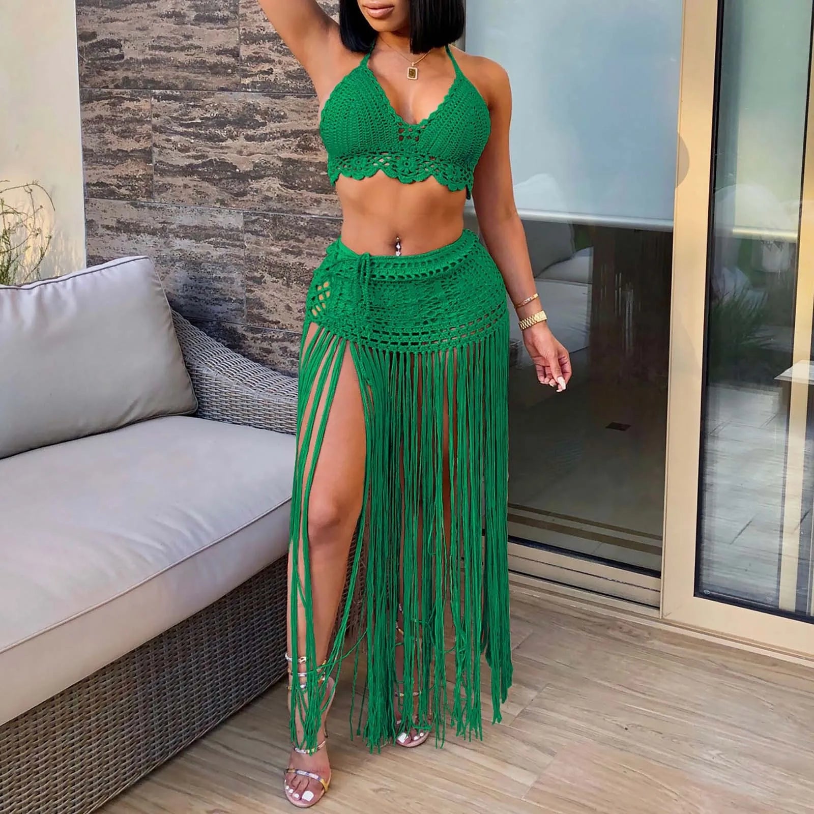Women'S Two Piece Swimsuit Beach Cover Up Fashion Solid Colour Knitted High Waist Tassel Long Skirt Swimsuit Cover Up Bikini - The Genie Store