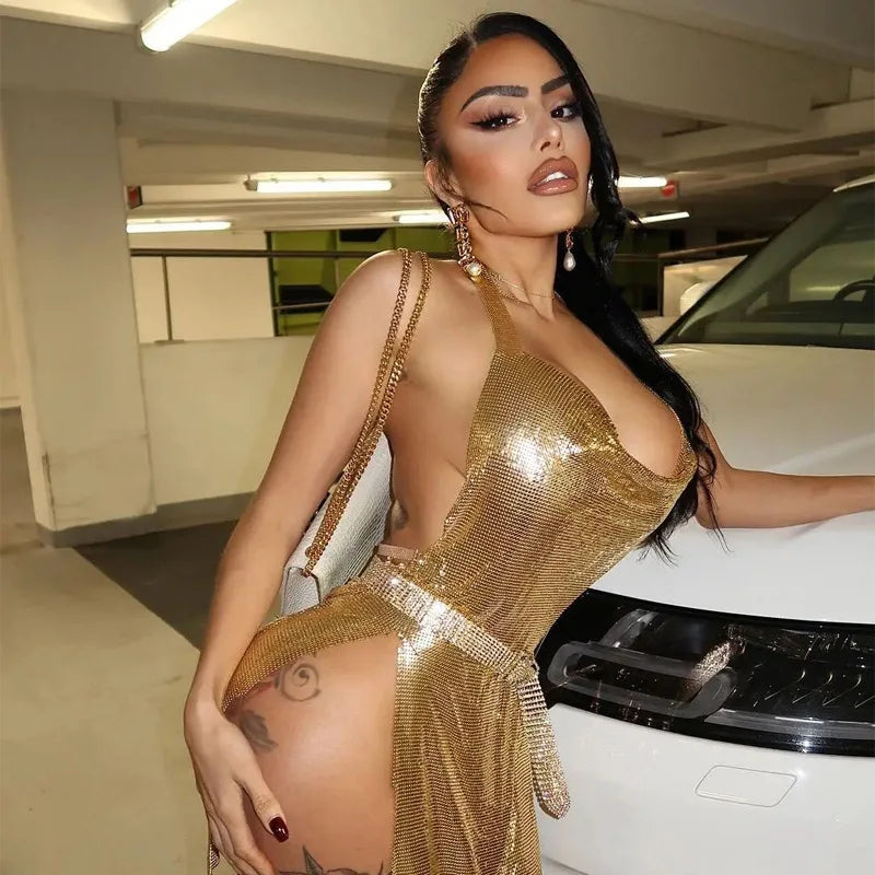 Sexy and Fashionable Women's Elegant Short Dress with Hanging Neck Backless Bottom Chest Sequin Party Girl Dance Dress - The Genie Store