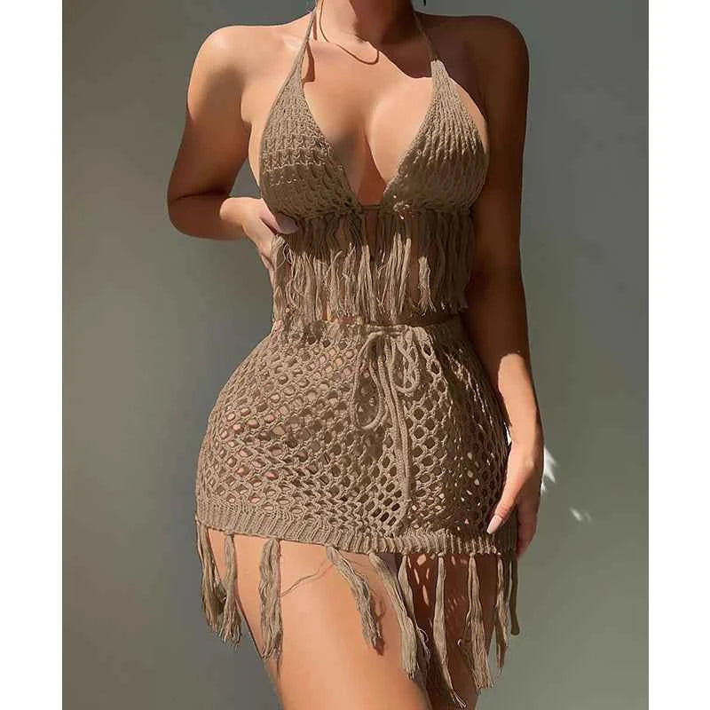 Two-piece Crochet Teens Women Sexy Bikini Cover Up Set Binding Rope Tassel Swimsuit Summer Holiday Knitting Beach Wear