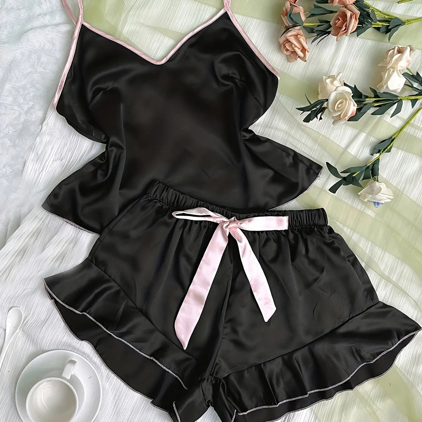 Women's Smooth Satin Pajamas V-Neck T-Shirt Ruffled Edges And Bow Shorts Simple And Breathable Pajama Set Sling Home Clothing - The Genie Store