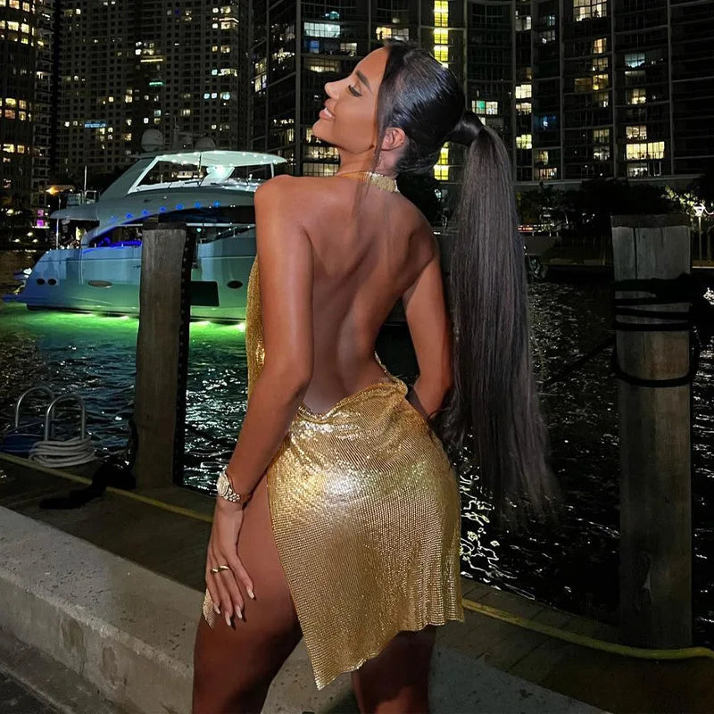 Sexy and Fashionable Women's Elegant Short Dress with Hanging Neck Backless Bottom Chest Sequin Party Girl Dance Dress - The Genie Store