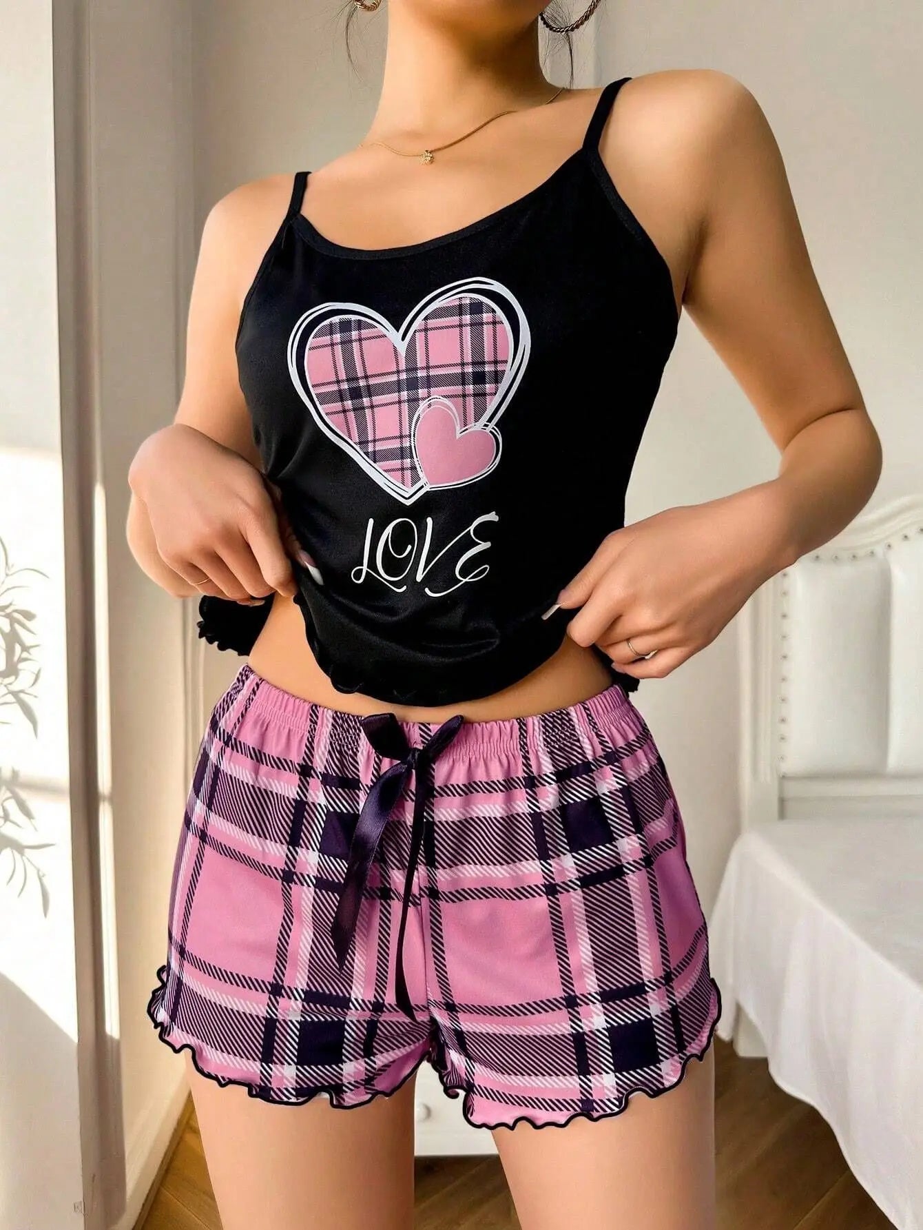 Women Sexy Suspender Shorts Thin Pajamas Letter Print Plaid Shorts Large Pajamas Romantic Home Wear Sexy Nightwear Short Pajama - The Genie Store