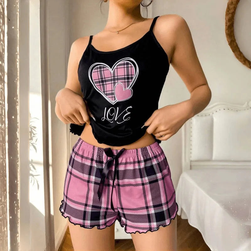 Women Sexy Suspender Shorts Thin Pajamas Letter Print Plaid Shorts Large Pajamas Romantic Home Wear Sexy Nightwear Short Pajama - The Genie Store